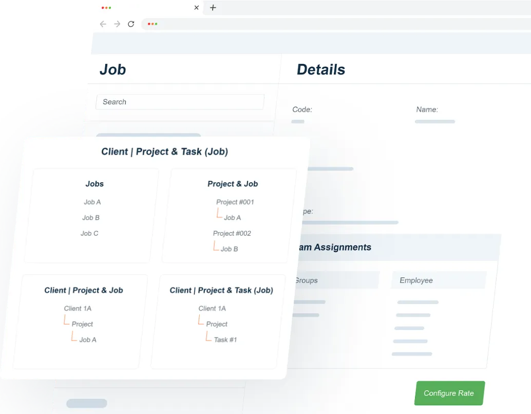 EasyClocking payroll integration dashboard showing job costing and payroll export