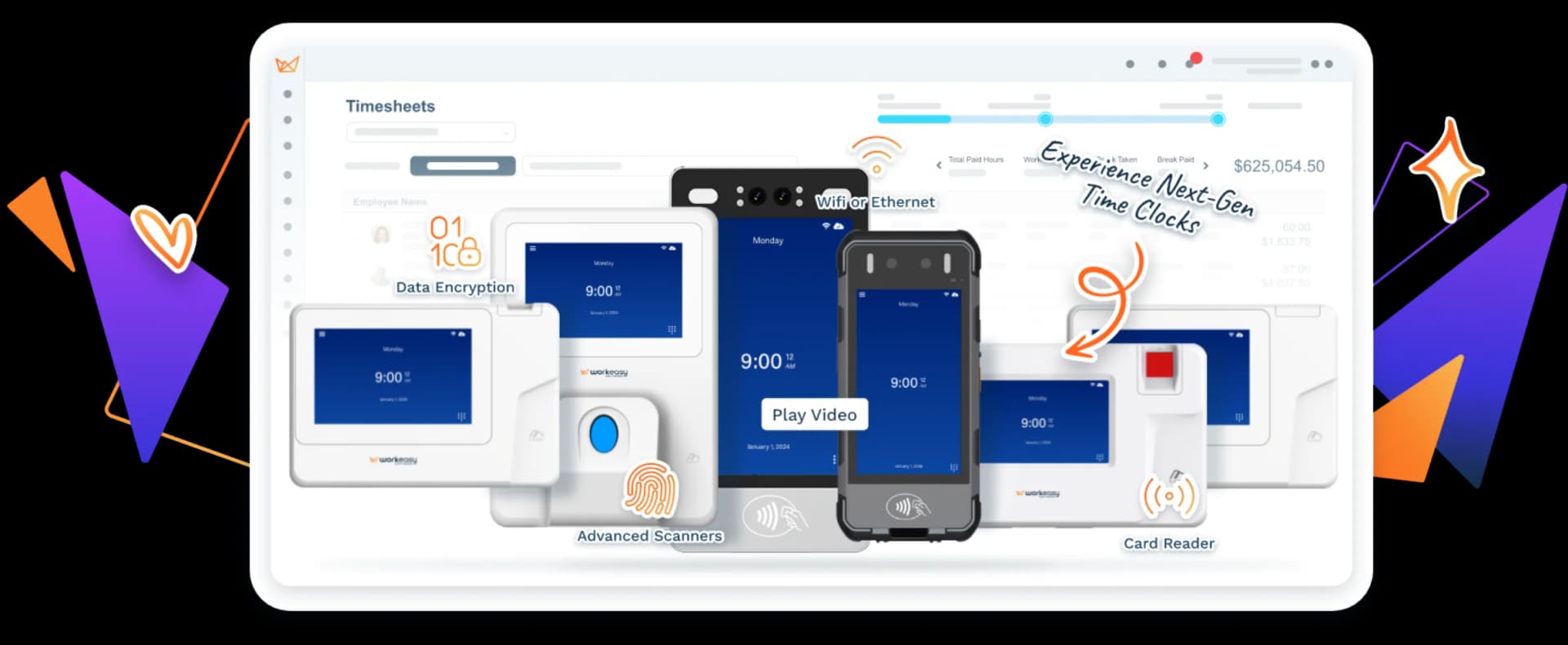 EasyClocking biometric time clock product family: fingerprint scanners, facial recognition terminals, card readers, mobile app, and timesheets dashboard