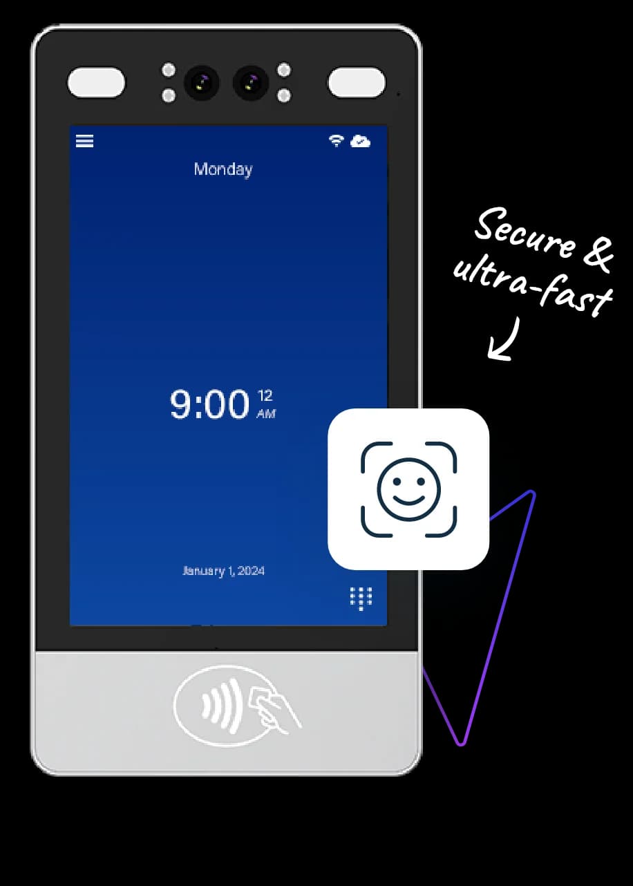 EasyClocking F1000 touchless facial recognition time clock with anti-spoofing technology — wall-mounted biometric terminal