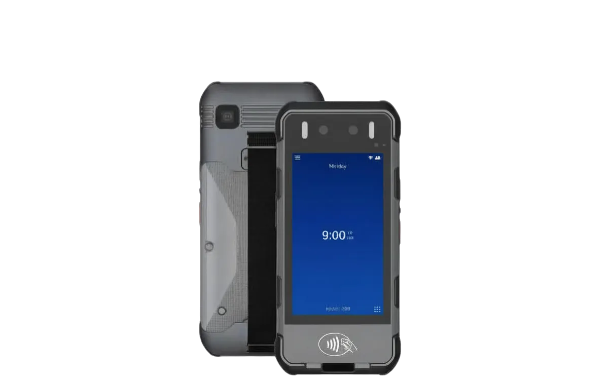 EasyClocking M2000 portable mobile time clock with detailed feature callouts — facial camera, Android 12, 10000mAh battery, 5.5-inch display, LTE and WiFi, MiFare NFC card reader