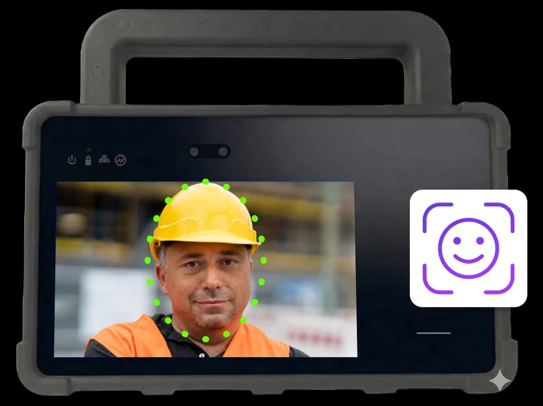 EasyClocking P3000 portable time clock verifying a worker with facial and palm recognition on a job site