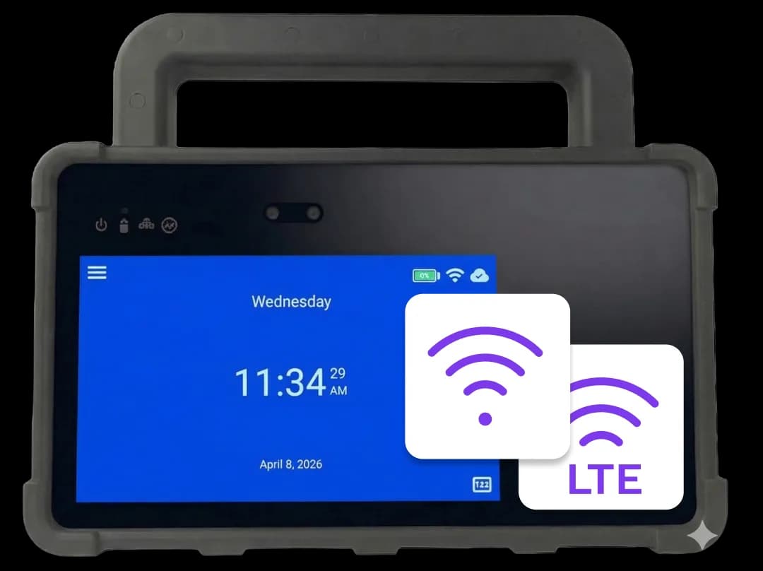 EasyClocking P3000 portable time clock connected over LTE, WiFi and Ethernet across distributed job sites