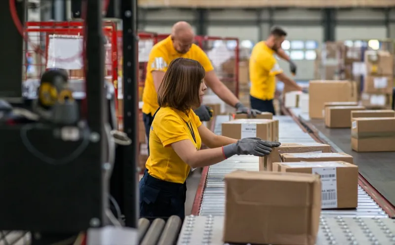 Warehouse workers sorting packages on a conveyor belt — warehousing time tracking